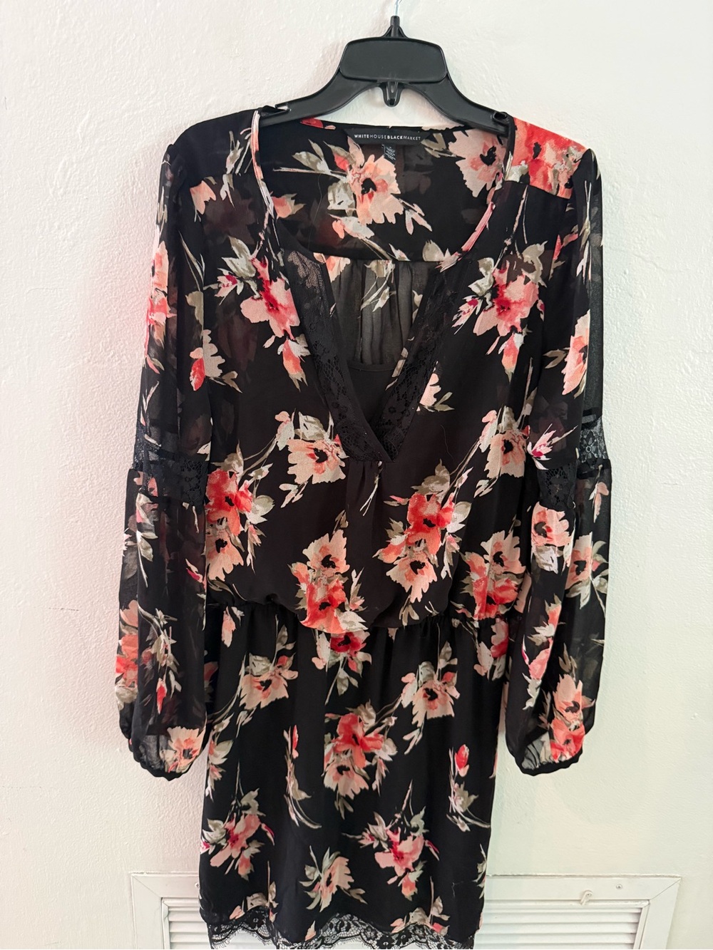 White House Black Market Floral V-Neck Dress with Lace Trim